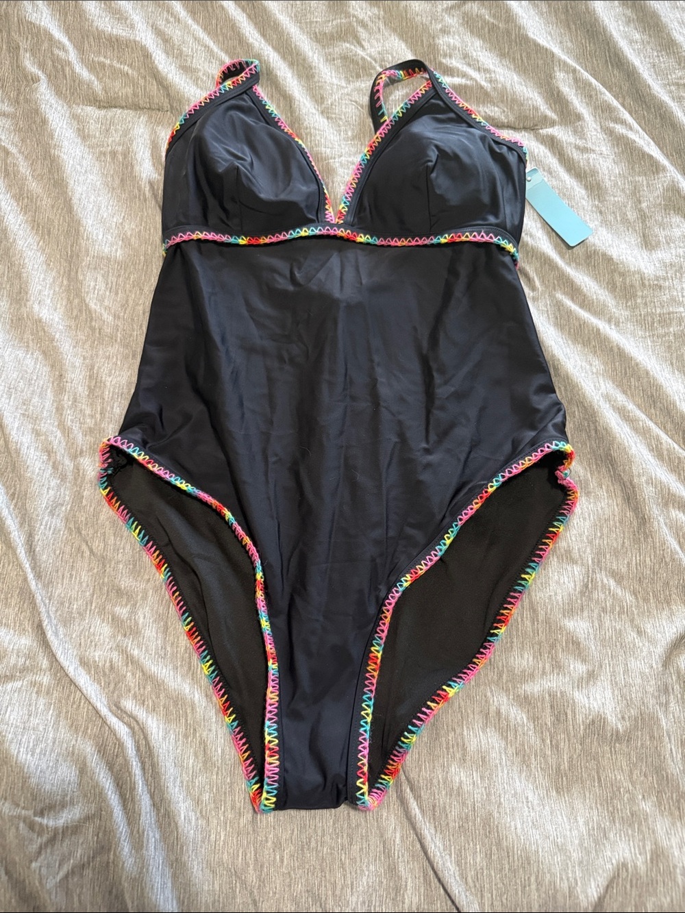 Black Women’s One-Piece Swimsuit with Rainbow Trim